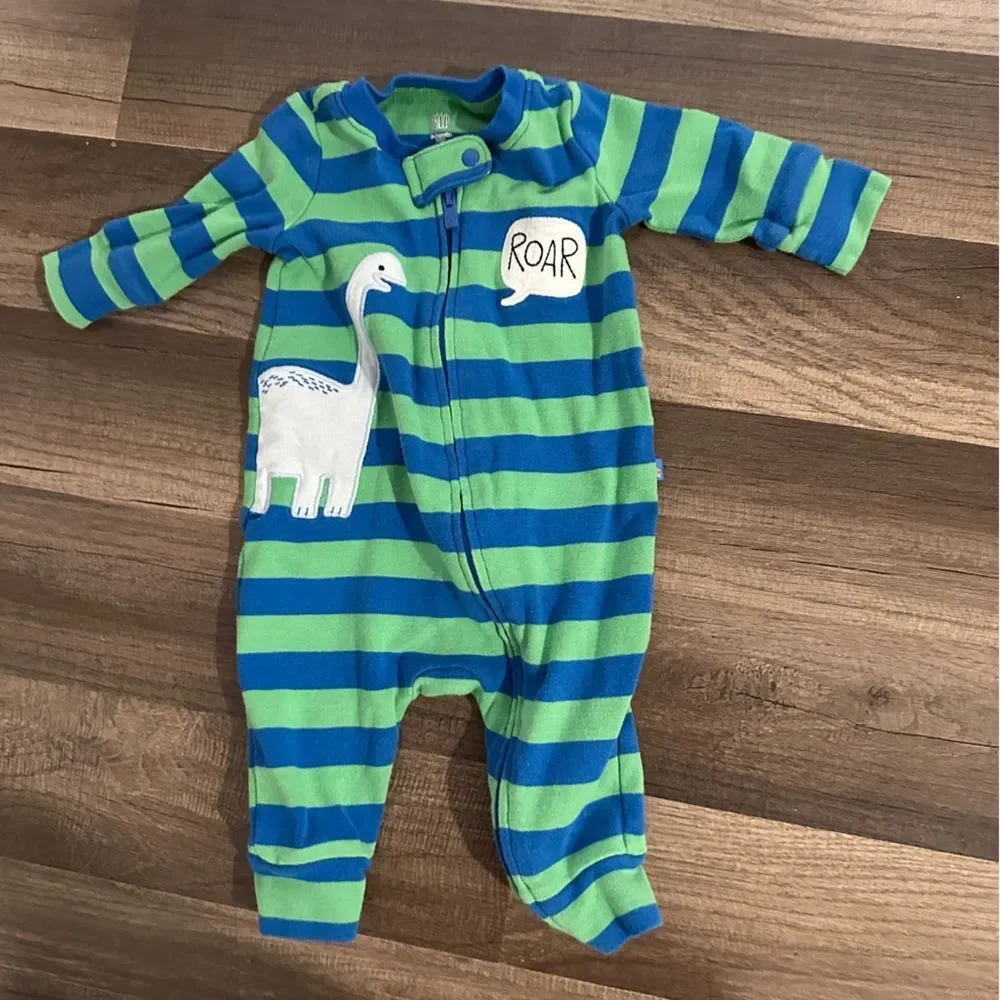 GAP Blue and Green Striped Dinosaur Footie 0-3 mo